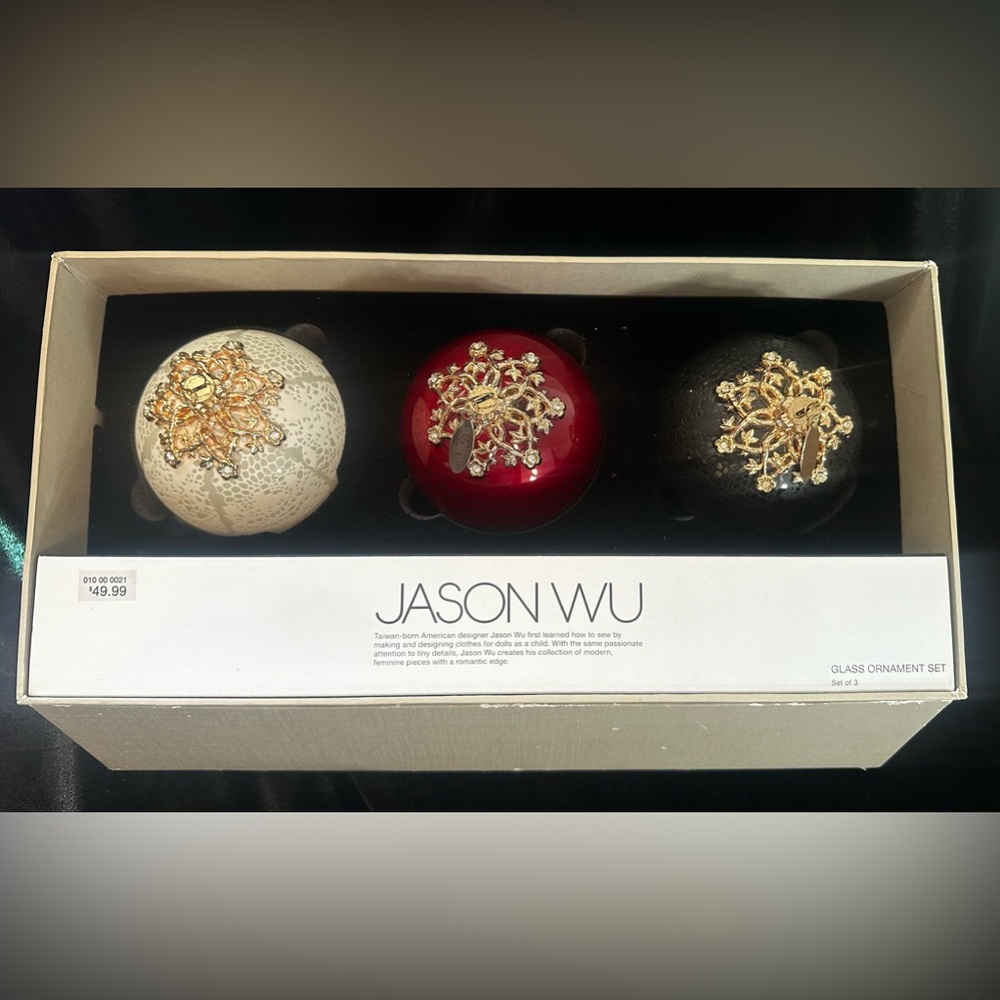 NIB NEW, Never Been Used - Jason Wu Red, Black and White Glass Ornaments